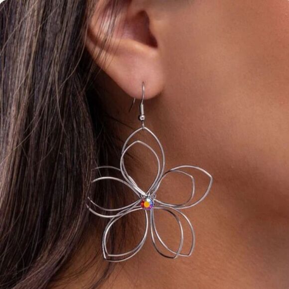Paparazzi Wiry Whisper Floral Rhinestone Earrings Silver Large Shepard Hook New - Picture 1 of 4